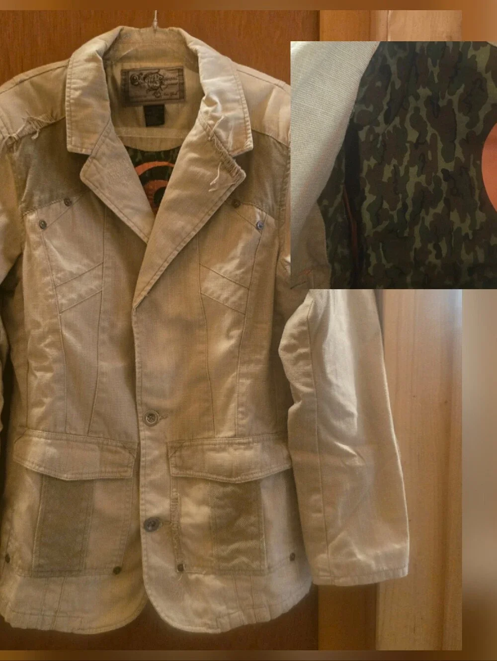 Caffeine Culture VTG Y2K Mens Tan Utility Jacket Blazer Elbow Patch Camo Lined